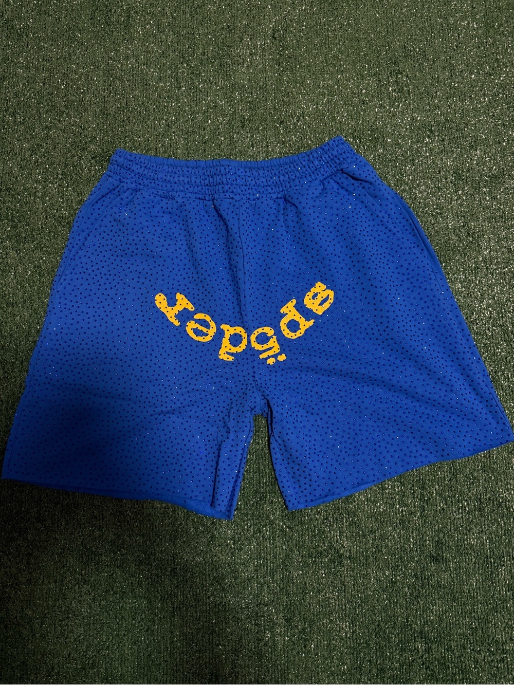 SP5DER Blue Rhinestone Mesh Shorts – Yellow Logo